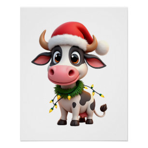 Póster Feliz Navidad Vaca Santa Luces de Navidad Vaca Xma
