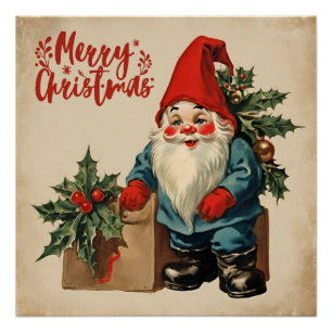Póster Feliz Navidad Vintage Gnome