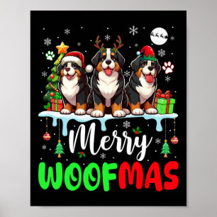 Póster Feliz Navidad Woof Three Santa Reindeer Bernese
