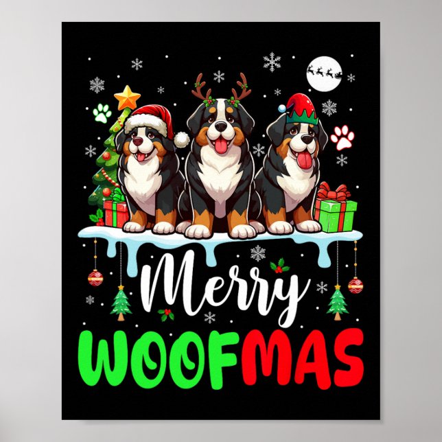 Póster Feliz Navidad Woof Three Santa Reindeer Bernese (Frente)