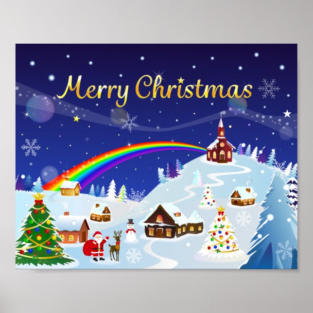 Póster Feliz Navidad y arcoiris Santa (Frente)