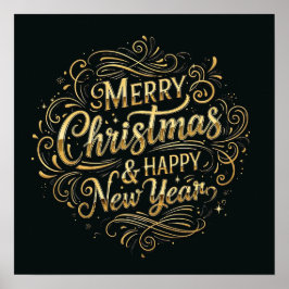 Póster Feliz Navidad y Feliz Año Nuevo en negro y oro
