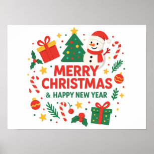 Póster Feliz Navidad y Feliz Año Nuevo Muñeco de nieve y