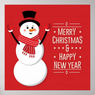 Póster Feliz Navidad y feliz Año Nuevo Snowman en rojo