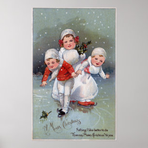 Póster Feliz NavidadPequeños niños patinando hielo