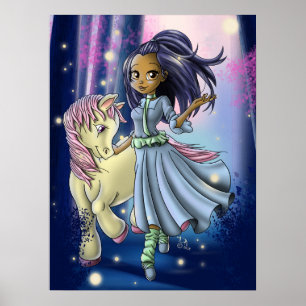 Póster Feliz niña nativa americana y poni