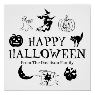Póster Feliz nombre personalizado de Halloween blanco neg