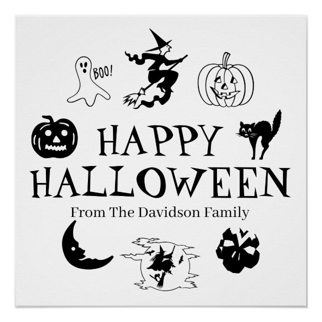 Póster Feliz nombre personalizado de Halloween blanco neg (Anverso)