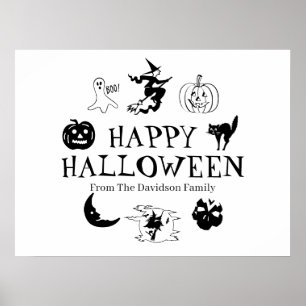 Póster Feliz nombre personalizado de Halloween blanco neg