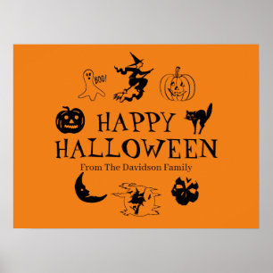 Póster Feliz nombre personalizado de Halloween negro y na