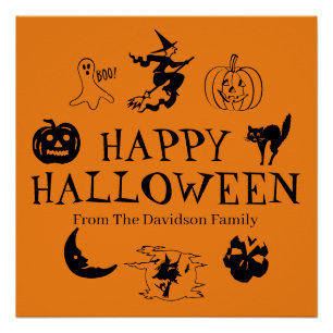Póster Feliz nombre personalizado de Halloween negro y na