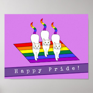 Póster Feliz orgullo LGBT gatos con bandera arcoiris