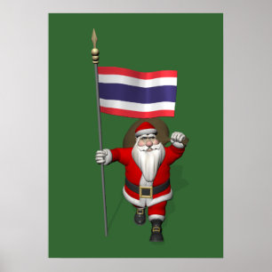 Póster Feliz Papá Noel Con Bandera De Tailandia
