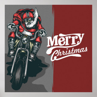 Póster Feliz Papá Noel montando una motocicleta