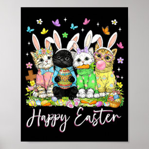 Póster Feliz Pascua amante gato lindo conejo día de Pascu