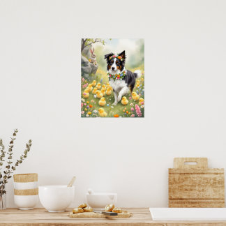 Póster Feliz Pascua Collie y Pollitos