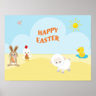 Póster Feliz Pascua con animales de granja
