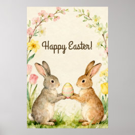 Póster Feliz Pascua conejitos vintage con huevo