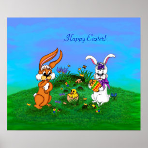 Póster ¡Feliz Pascua! Conejo con conejo y pollo