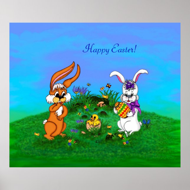 Póster ¡Feliz Pascua! Conejo con conejo y pollo (Frente)