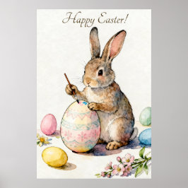 Póster Feliz Pascua Conejo Vintage Pintando un Huevo