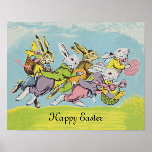 Póster Feliz Pascua conejos corriendo con pasteles