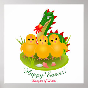 Póster Feliz Pascua de tres pollitos y el Dragón de Mons