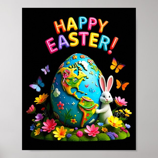 Póster Feliz Pascua día de la tierra 2026 conejo mapa mun (Frente)