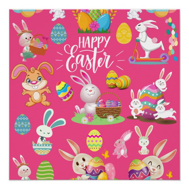 Póster Feliz Pascua, Divertidos Conejitos Deseos Y Colori (Anverso)