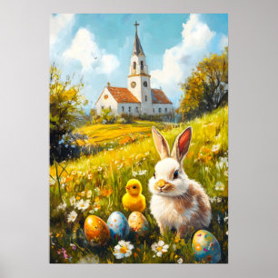 Póster Feliz Pascua Iglesia Cristiana Bunny Egg