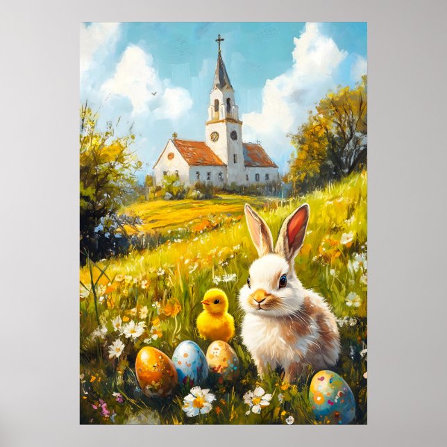 Póster Feliz Pascua Iglesia Cristiana Bunny Egg (Frente)