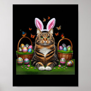 Póster Feliz Pascua, lindo conejo de gato, gato, canasta 