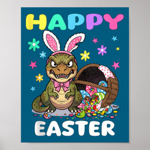 Póster Feliz Pascua t rex dinosaurio caramelo arco conejo