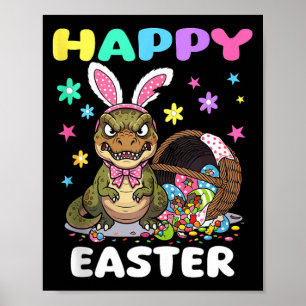 Póster Feliz Pascua t rex dinosaurio caramelo lazo conejo