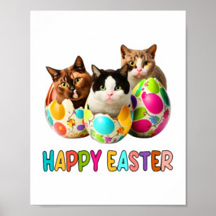 Póster Feliz Pascua Tres Gatos Coloridos Huevos de Pascua
