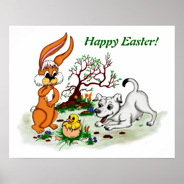 Póster ¡Feliz Pascua! Welpe, Küken, Hase (Frente)