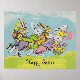 Póster Feliz Pastel de Pascua Corriendo Conejos