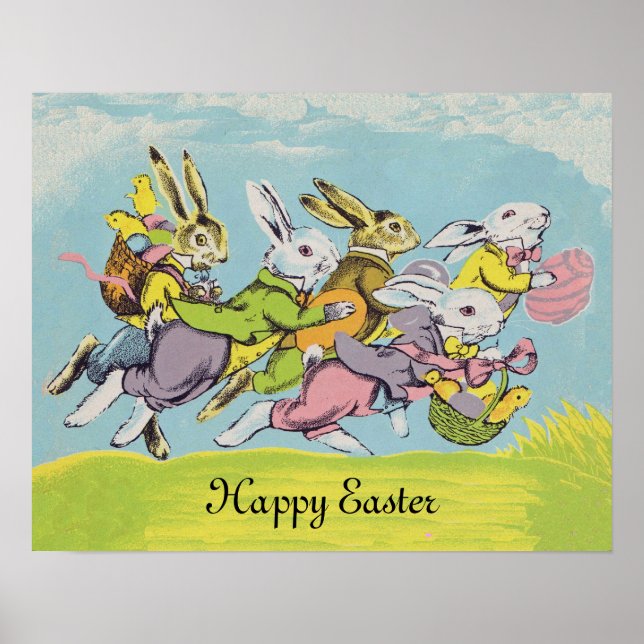 Póster Feliz Pastel de Pascua Corriendo Conejos (Frente)