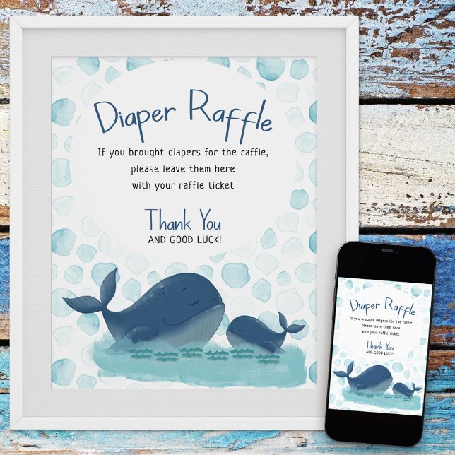 Póster Feliz Poster Baby Shower de Whale Diaper Raffle (Diaper Raffle Baby Shower sign from my Happy Whale collection. Message if you need different items.)