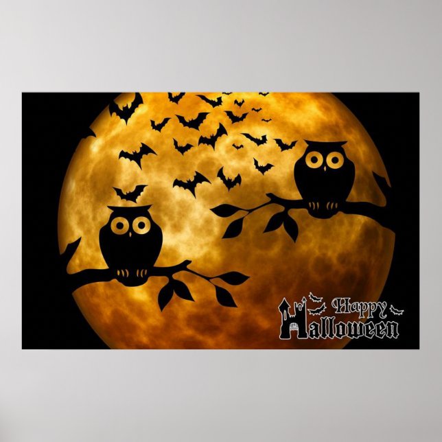 Póster Feliz Poster de Bates y Lechuzas de Halloween (Frente)