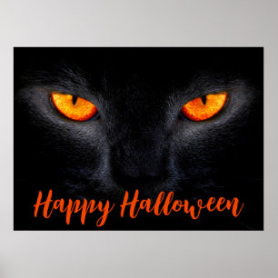 Póster Feliz Poster de gato negro de Halloween