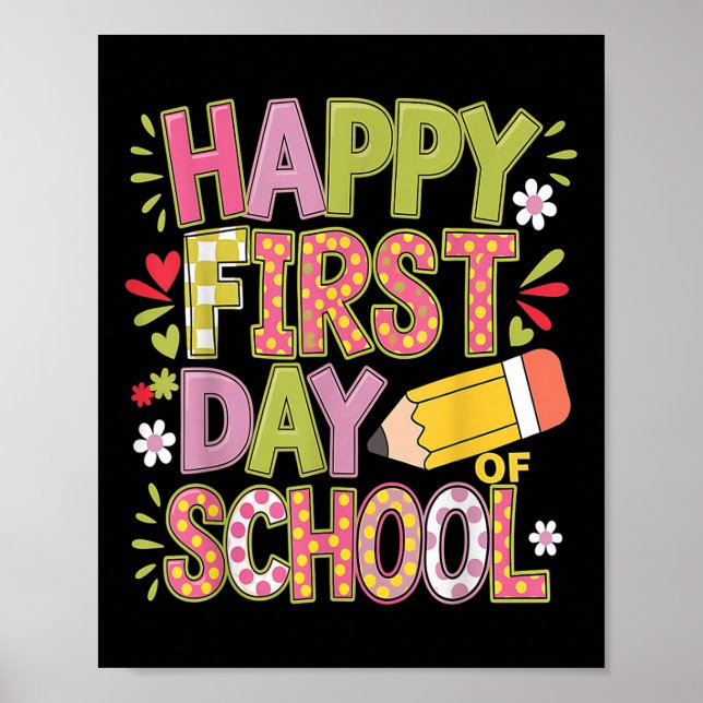 Póster Feliz Primer Día De Escuela Lápiz Profesor Niños V (Frente)