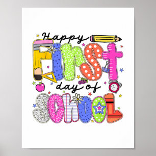 Póster Feliz Primer Día De La Escuela Lápiz De Niños
