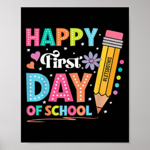 Póster Feliz primer día escolar, profesor de lápiz se vue