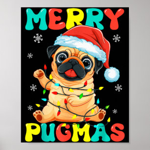Póster Feliz Pugmas Pug Navidad Santa Pug Xmas Luces D