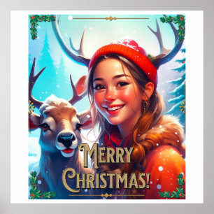 PÓSTER FELIZ REINDEDOR DE NAVIDAD CON FELIZ CHICA