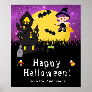 Póster Feliz Rótulo Fiesta púrpura de Brujas de Halloween