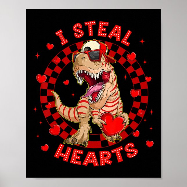 Póster Feliz San Valentín Roba Corazones Trex Dinosaurio  (Frente)