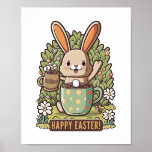Póster Feliz Semana Santa Bunny Floral Egg Hunting Coffee
