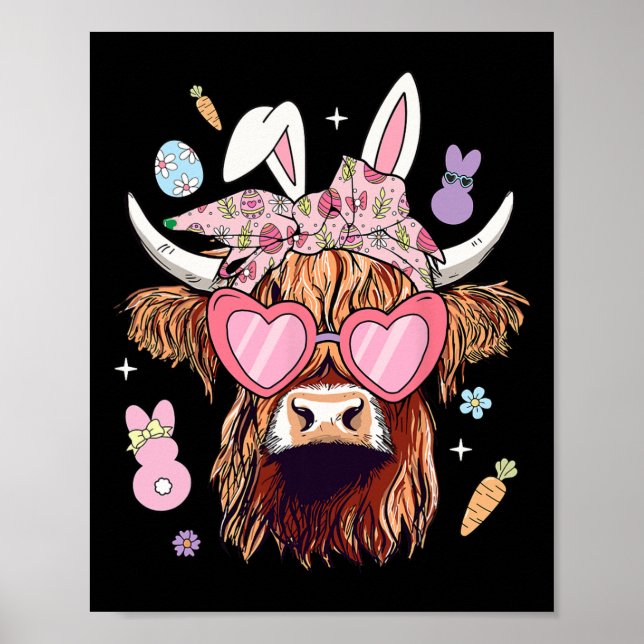 Póster Feliz Semana Santa Heifer Cow Bunny Ears Egg Hung (Frente)